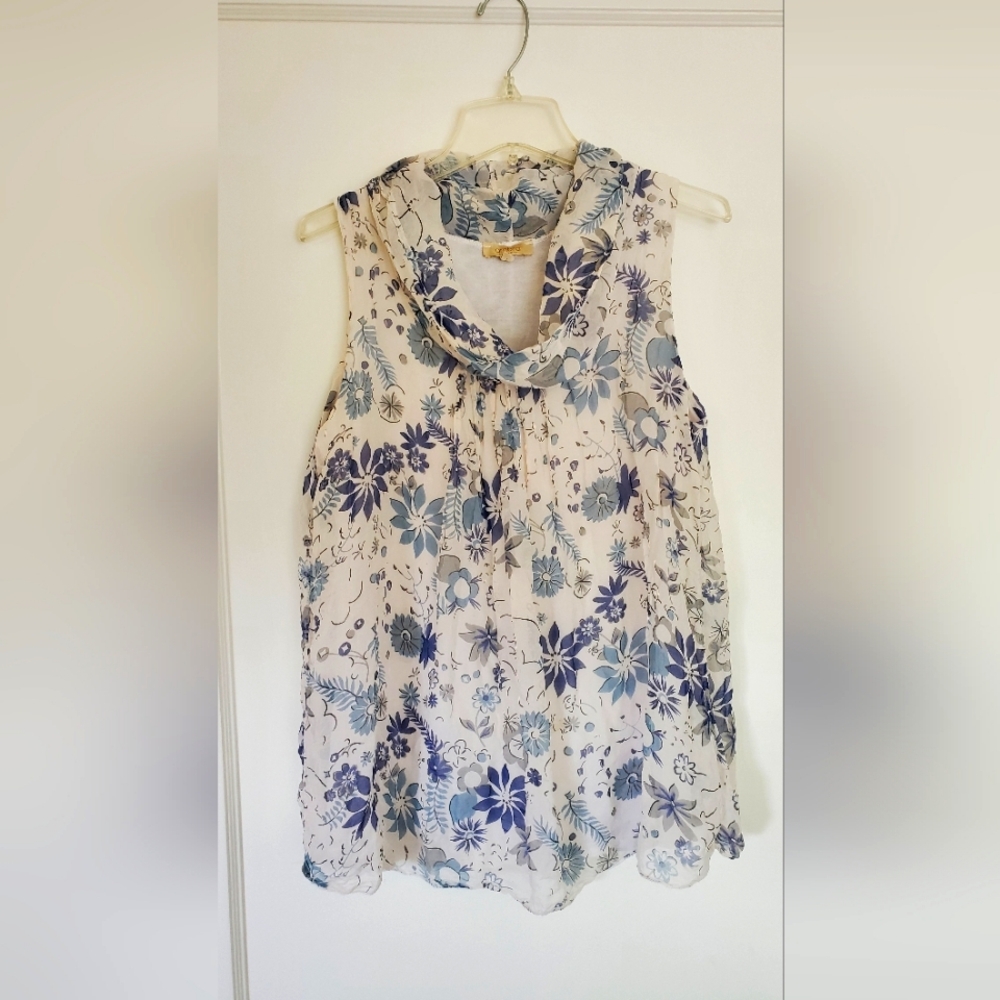 Silk Sleeveless Top - Blue and White Floral